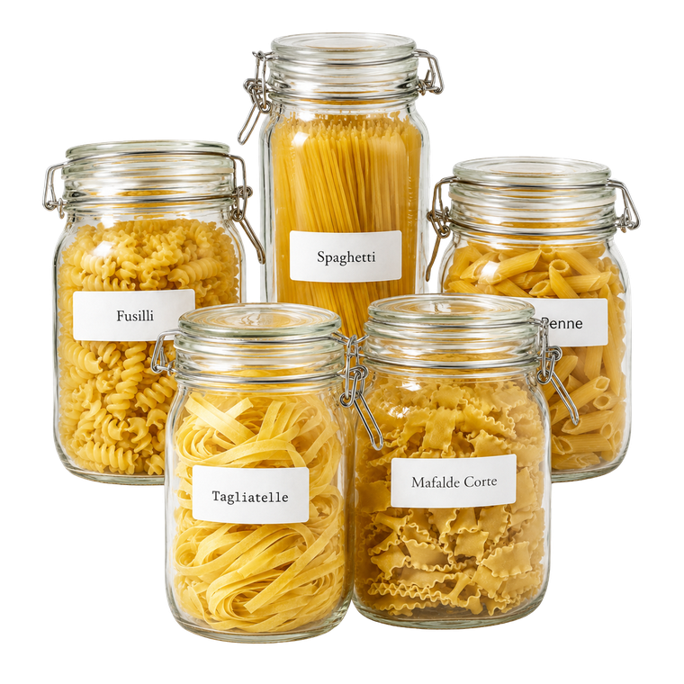 Weckpotten met verse pastasoorten: fusilli, spaghetti, penne, tagliatelle en mafalde corte